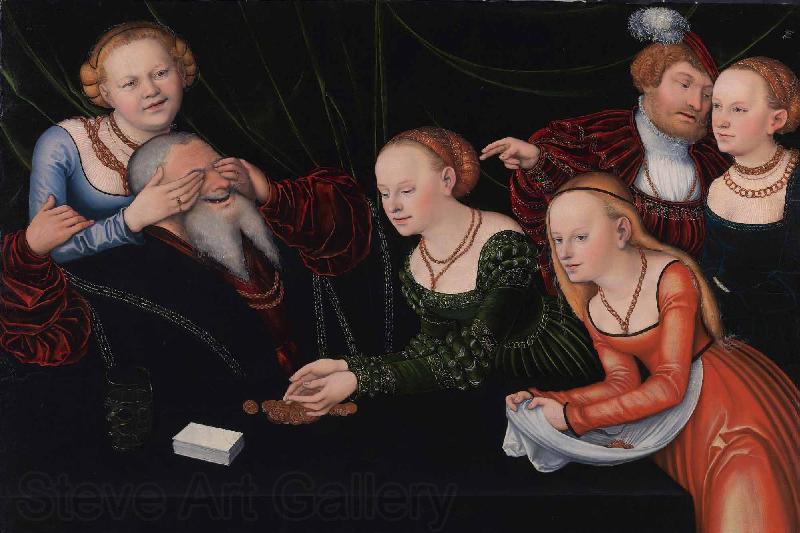 Lucas Cranach the Elder Old man beguiled by courtesans Germany oil painting art